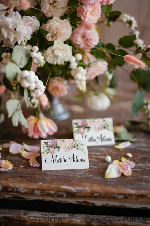 PLACE CARDS / TABLE CARDS Romantic Boho/ Botanical/ Floral White Elegant Table Place Cards, Floral Name Tags, Romantic Wedding Place Cards, Pink Flowers Design Custom Wording Name Tags, Botanical Rose  Table Place Cards