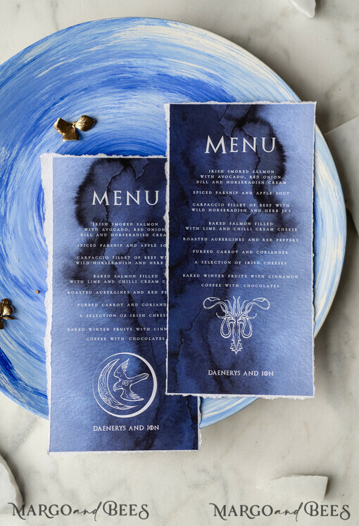 MENU & PROGRAMS romantic Game Of Thrones Inspired Wedding Menu Card, Elegant Royal Navy & White Wedding Menu, Bespoke Watercolor Dinner Menu, Handmade Deckled Edge Custom Wedding Menu  