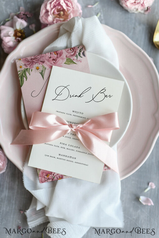 MENU & PROGRAMS romantic Chic Blush Pink And Ivory Wedding Menu, Boho Floral Wedding Menu Cards With Pink Ribbon, Romantic Pastel Wedding Dinner Menu, Simple Peony Handmade Wedding Menu
