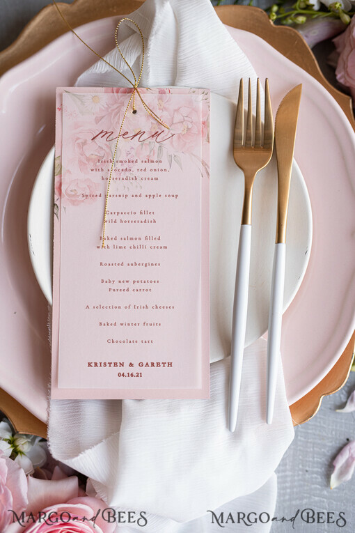 MENU & PROGRAMS romantic Romantic Floral Wedding Menu, Elegant Blush Pink Wedding Menus With Vellum Cover And Twine, Glamour Pink Wedding Menu Cards, Luxury Boho Floral Wedding Menu    