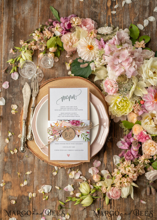 MENU & PROGRAMS romantic Watercolor Rustic Wedding Menu with Belly Band, Floral Wedding Dinner Menu, Eco Romantic Personalized Cards with Monogram Tag, Simple Rustic Wedding Menu