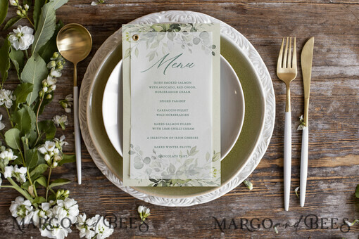 MENU & PROGRAMS romantic Olive Branch Greenery Table Wedding Menu, Rustic Italian Menu With Vellum, Simple Whimsical Menu, Tuscany Watercolor Olive Branch Menu, Mediterranean Menu cards
