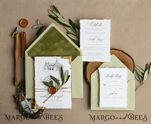WEDDING INVITATIONS moderne Kalligraphie / feine Kunst Feine Kunst Elfenbein Salbeigrüne Hochzeitseinladung, Veranstaltungs-Skizze Hochzeitseinladungen, Vintage Goldene Einladungsreihe, Individuelle Hochzeit Veranstaltungs-Einladung, Deckled Edge Italien Einladungen mit RSVP