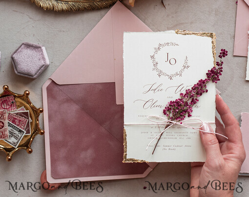 WEDDING INVITATIONS modern calligraphy / fine art Fine Art Ivory Gold Wedding Invitation, Real heather Floral Wedding Invitation, French Provence Invitation suite, Wreath Monogram wedding invitation suite, Deckled Edge Invites, Torn Edge Wedding Invitations golden, Fine Art Wedding Invitation Suite, Deckled Edge Paper