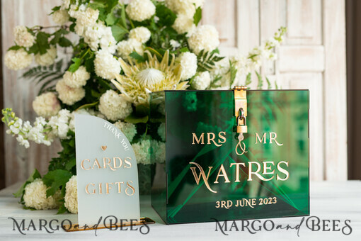  CARD BOXES acrylic Cards box Elegant Emerald Green wedding Set acrylic card box with Lock and sign cards & gifts, Personalized Wedding Card Box, Greenery Acryl Wedding Card Box with Lid, 