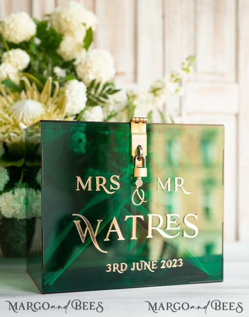 CARD BOXES acrylic Cards box Emerald Green wedding wishing well acrylic money gift card box, Personalized Wedding Card Box,  Greenery Acrylic Card Box, Wedding Card Box with Lid