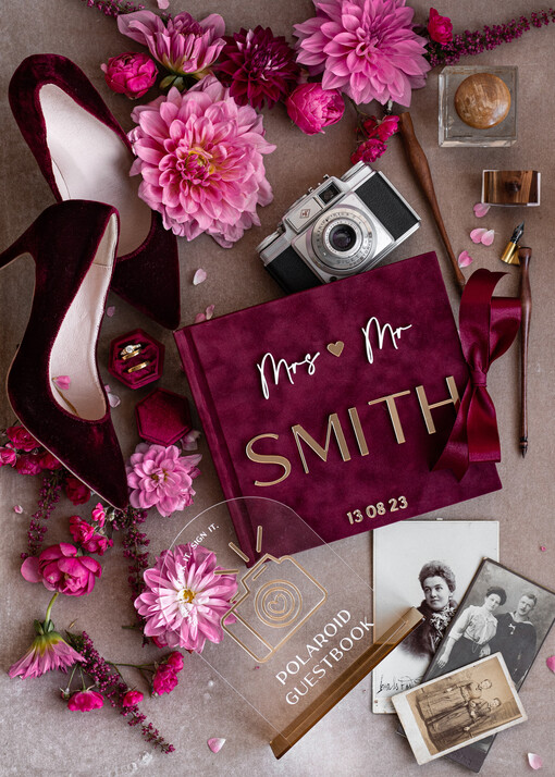WEDDING GUEST BOOKS Instax Instant Photo Book Maroon Gold Acrylic Wedding Guest Book Personalised and sign set, Velvet Garden Burgundy Instant Photo Book Boho Elegant Marsala Instax Wedding Photo Guestbook