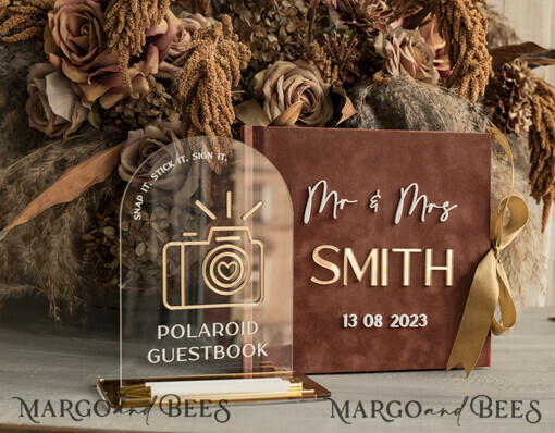 WEDDING GUEST BOOKS Instax Instant Photo Book Fall Terracotta Gold Acrylic Wedding Guest Book Personalised and sign set, Velvet Rust Instant Photo Book Boho Elegant Instax Wedding Photo Guestbook