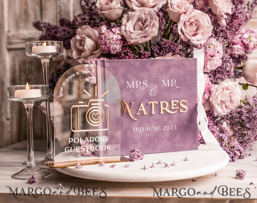 WEDDING GUEST BOOKS Instax Instant Photo Book Mauve Gold Acrylic Wedding Guest Book Personalised and sign set, Velvet dusty Rose Instant Photo Book Boho Elegant Instax Wedding Photo Guestbook, MvS
