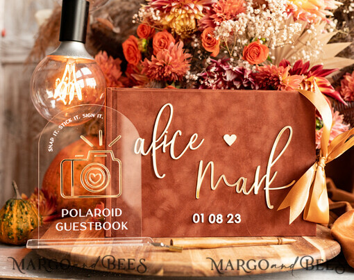 WEDDING GUEST BOOKS Instax Sofortbildbuch Fall Terracotta Gold Acryl Hochzeitsgästebuch personalisiert und Signaturset, Velvet Rust Sofortbildbuch Boho Elegant Instax Hochzeitsfoto Gästebuch