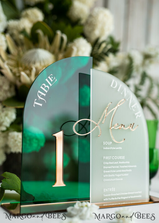 TABLE DECOR SIGNS Acrylic table decor Numbers Acrylic Arch Table Number and menu Combo, Green and Frozen Acrylic gold Sign, Gold Plexi Table Number and Menu Combo Luxury Wedding Table Decor, Wedding Signage