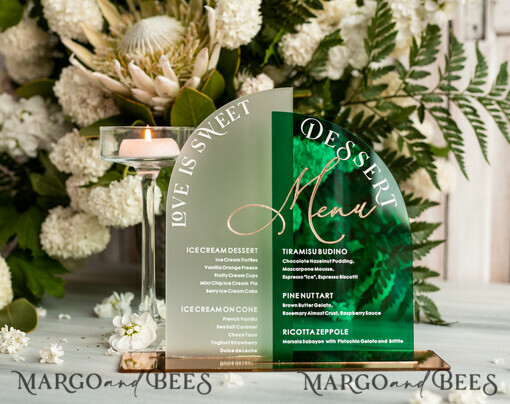 TABLE DECOR SIGNS Acrylic table decor Numbers Acrylic Arch Emerald Green Dessert menu, Green Acrylic gold Candy Bar Sign, Green Gold Plexi Table Arch Menu, Luxury Greenery Wedding Table Decor,