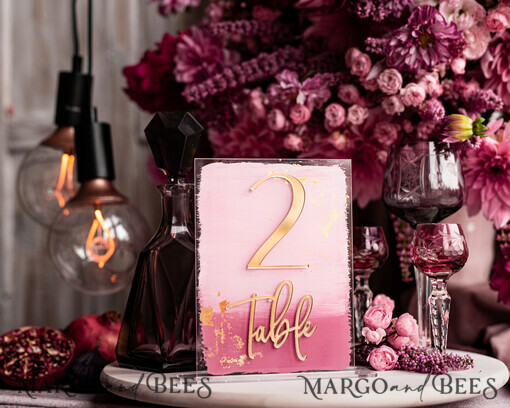TABLE DECOR SIGNS Acrylic table decor Numbers Pale Pink Ombre Mauve Acrylic Table Numbers, Dusty Rose Acrylic & gold Sign, Gold Plum Plexi Table Numbers, Luxury Purple Wedding Table Decor,3D Wedding Signage