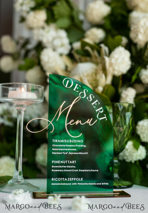 TABLE DECOR SIGNS Acrylic table decor Numbers Green Acrylic Half Arch Dessert menu, Green Acrylic gold Candy Bar Sign, Greenery & Gold Plexi Table Arch Menu, Luxury emerald gree Wedding Table Decor, Wedding