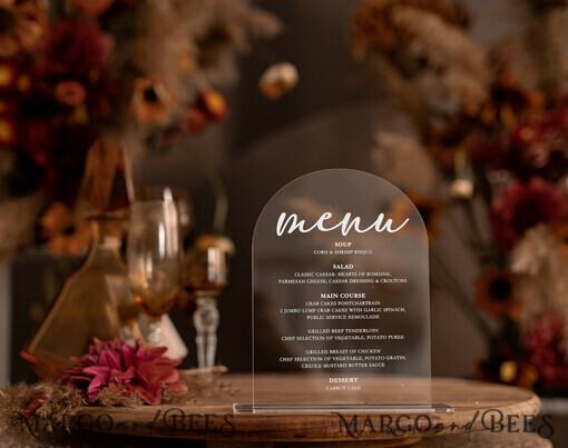 TABLE DECOR SIGNS Acrylic table decor Numbers Elegant Acrylic Arch Table Menu With Stand, Simple Clear Acrylic Sign, Transparent Plexi Table Menus, Luxury Wedding Table Decor, Wedding Signage Dinner Menu