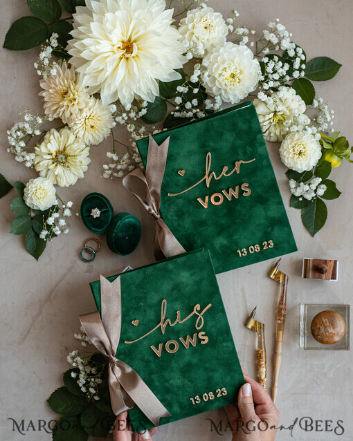 WEDDING VOWS Acrylic Clear Gold Emerald green Garden Bride and groom vow books, Greenery wedding vow books set of two, Velvet Emerald green Garden personalized vow booklets