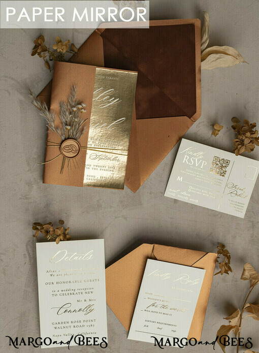 SAMPLING SERVICE samples Sample, bespoke sample set  Fall Mirror gold Wedding Invitations, Elegant Terracotta Wedding Cards, Burnt orange mirror  Wedding Invites, Mirror Gold Plexi Wedding Invitation Suite