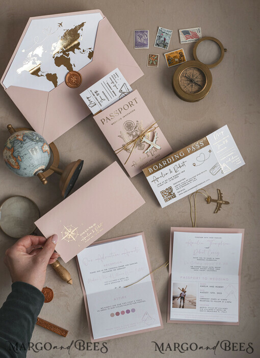 SAMPLING SERVICE samples Gold Bluh pink Passport Wedding Invitation, Golden Wedding Cards Boarding Pass, Travel Passport Wedding Invitations Abroad, Destination Wedding Invites, Travel Map Wedding Stationary