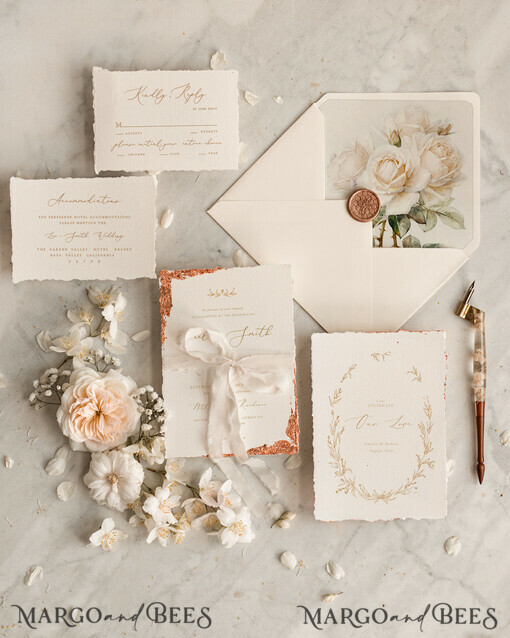 SAMPLING SERVICE samples Fine Art Ivory wedding Invitation Sample, handmade sample set, Ivory Deckled Edge wedding invitation, Golden Edges Invites sample set