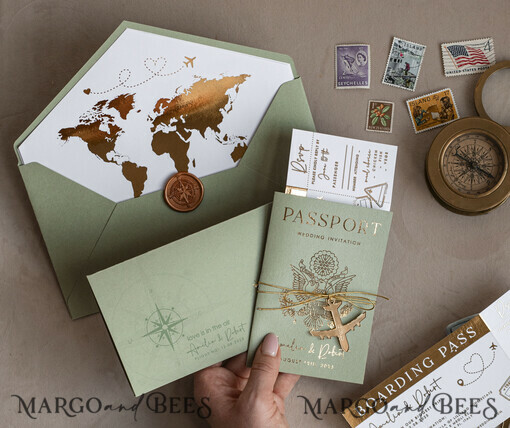 SAMPLING SERVICE samples Sample, bespoke sample set  Gold Sage green Passport Wedding Invitation, Golden Wedding Cards Boarding Pass, Greenry Travel Passport Wedding Invitations Abroad, Destination Greece Wedding Invites, Tuscany Travel Map Wedding Stationary Italy World map 