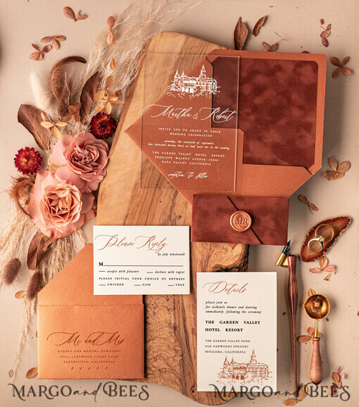 SAMPLING SERVICE samples Terracotta wedding Invitation Sample, handmade sample set, Copper Velvet wedding invitation samples, Acrylic invites sample set