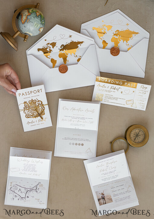 SAMPLING SERVICE samples Sample, bespoke sample set  White Golden Passport Wedding Invitation, Golden Plane Wedding Cards  Boarding Pass,  Travel Passport Wedding Invitations  Abroad, Destination Wedding Invites, Travel Map Wedding Stationary, boarding pass invitations