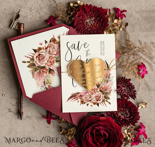SAVE THE DATES acrylic gold magnets Personalised Save the Date Heart Magnet and Card, Burgundy Elegant Wedding Save The Dates Acrylic Gold Heart