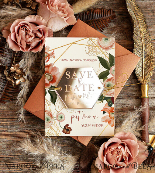 SAVE THE DATES acrylic gold magnets Personalised Save the Date Hexagon Magnet and Card, Gold Terracotta Elegant Wedding Save The Dates Acrylic Heart, boho Save The Date Cards