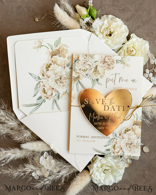 SAVE THE DATES acrylic gold magnets Personalised Gold Acrylic heart Save the Date Magnet and Card, ivory Wedding Save The Dates Plexi Magnets, Wedding Boho Save The Date Cards