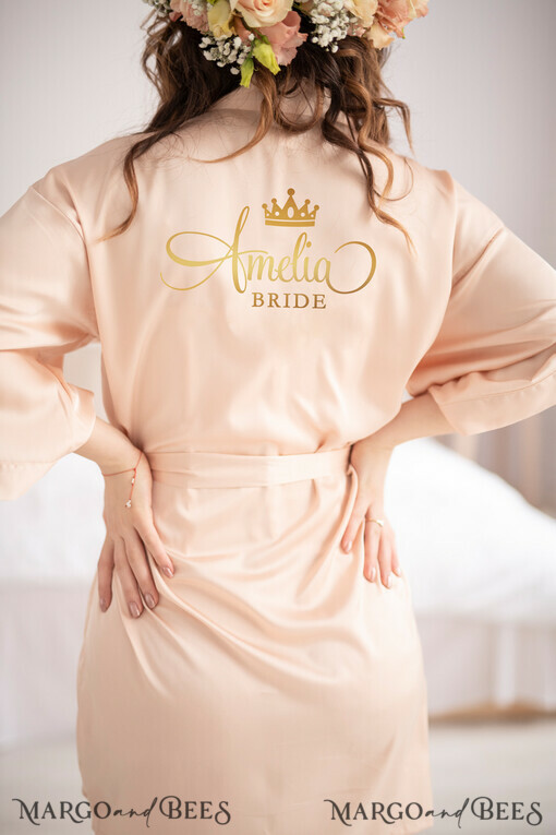 NEWLY WEDS COUPLE GIFTS Bride gifts Beige satin elegant wedding robe with gold foil inscription, Elegant stylish Wedding Robe, Bridal Party Robe 