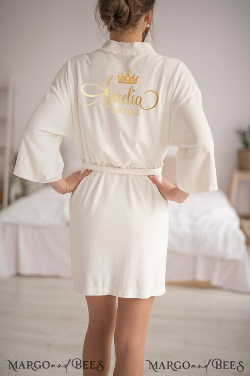 NEWLY WEDS COUPLE GIFTS Bride gifts Creme White Bride robe with gold inscription, Gold Bridal Robe, Velvet Robe for Bride Wedding, Elegant SOFT Wedding Robe