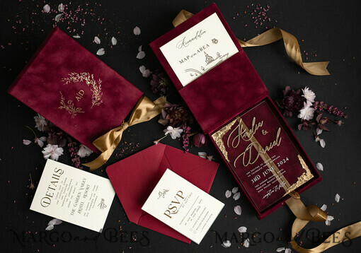 WEDDING INVITATIONS Einladungen für VIP/ Boxeinladungen für Eltern Blush Pink Boxed Hochzeitseinladungset, 3D Gold Plexi Hochzeitseinladung Suite Luxusbox, elegante Boho Samt-Hochzeitskarten, maßgeschneiderte goldene Einladungen