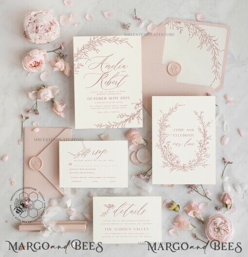 TEMPLETT wedding invitation download Boho Blush Pink wedding Invitations Set Template, Instant Download Printable Invites Home Printing, Simple  Wedding Invitation Card, WBoho16