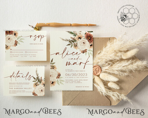 TEMPLETT wedding invitation download Boho Ivory wedding Invitations Set Template, Instant Download Printable Invites Home Printing, Simple Boho Wedding Invitation Card Set