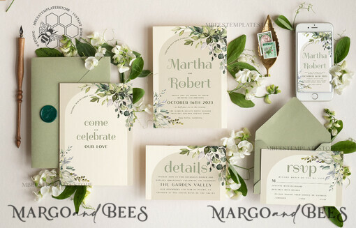 TEMPLETT wedding invitation download Boho Arch wedding Invitations Evite Set Template, Instant Download Printable Invites Home Printing, Sage Green Garden Invitation Set WBoho15