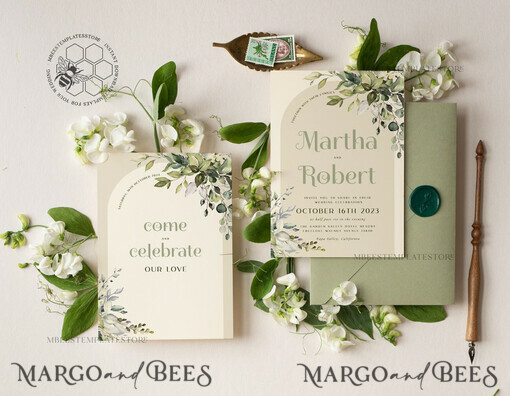 TEMPLETT wedding invitation download Boho Sage Green wedding Invitations Set Template, Instant Download Printable Invites Home Printing, Simple  Wedding Invitation Card, WBoho15