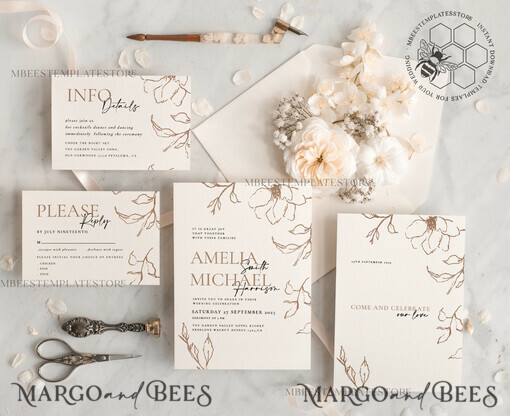 TEMPLETT wedding invitation download Fine art beige wedding invitation template, Instant download Boho Wedding Invites, Simple nude Invitation Printable Template Elegant Invites