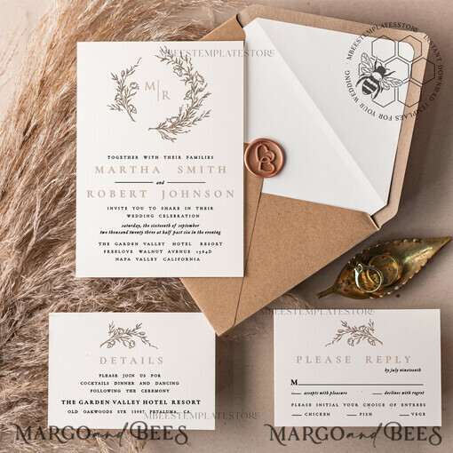 TEMPLETT wedding invitation download Modern wedding Invitation Template, Instant Download Printable Invites Home Printing, Simple Boho Wedding Invitation Card Set