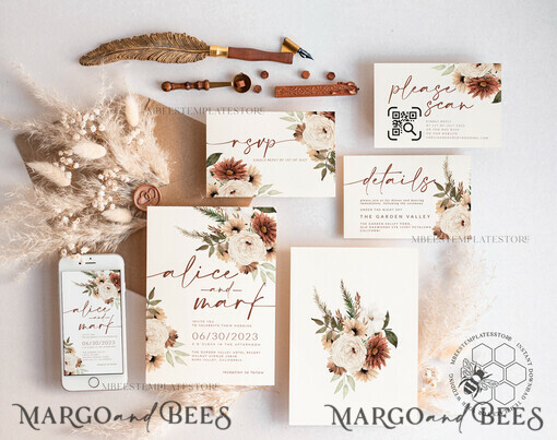 TEMPLETT wedding invitation download Boho Ivory wedding Invitations Evite Set Template, Instant Download Printable Invites Home Printing, Simple Wedding Invitation Cards WBoho10