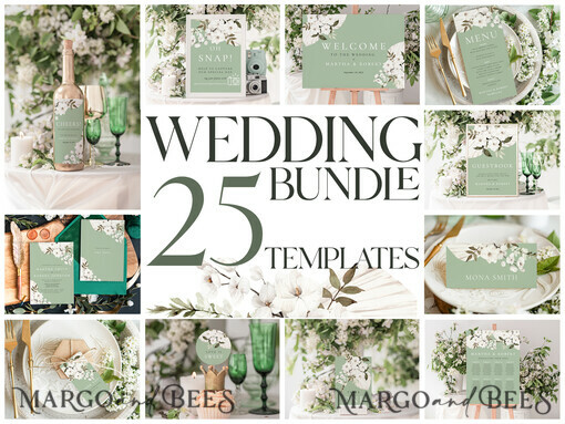 TEMPLETT Hochzeitsset Sage Green Boho Hochzeitsstationery Bundle, Grünpflanzen Hochzeitsvorlagen-Kit, Hochzeitsinvitationsset, Einladungsvorlagen-Downloadset, WSpr1