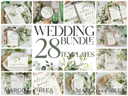 TEMPLETT wedding set Sage Green Boho Wedding Stationery Bundle, Greenery Wedding Template Kit, Wedding Invitation Set, Invitation Template Download Set, WSpr1