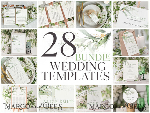 TEMPLETT wedding set  Eucalyptus Boho Wedding Stationery Bundle, Greenery Wedding Template Kit, Wedding Invitation Set, Invitation Template Download Set, WSpr1