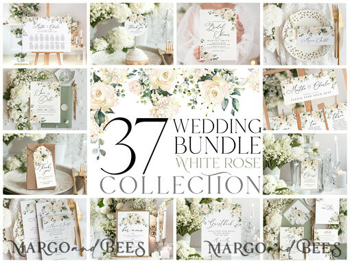 TEMPLETT wedding set Romantic White Roses Wedding Set Bundle Templates  Invitation Personalised Elegant Template Kit Wedding Invitation Set Invitation Download