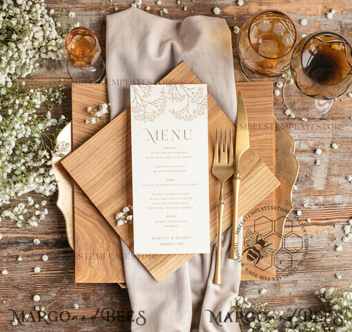 TEMPLETT Hochzeitsdrucksachen Rustikales Hochzeitsmenü-Vorlage, bearbeitbare Abendmenüs, Sofortdownload Boho-Hochzeitsmenüs, Gartenhochzeitsmenü druckbar, WGyp2