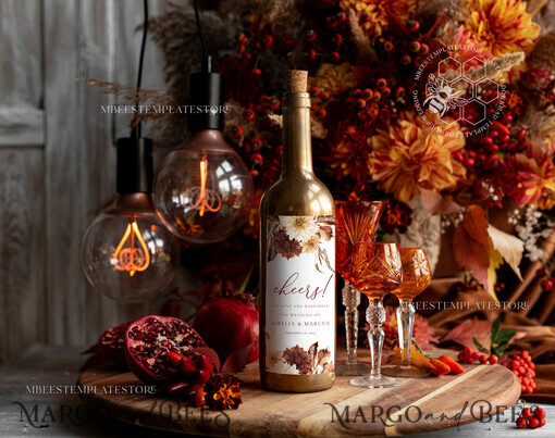 TEMPLETT wedding stationery Fall Dhalias wine label wedding template, wine label weddings editable, Instant download Modern wine label wedding Garden Printable, Fal1