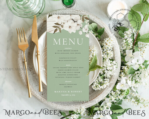 TEMPLETT wedding stationery Modern wedding menu template, dinner menus editable, Instant download SageGreen wedding menus, Garden wedding menu  Printable, WSpr3