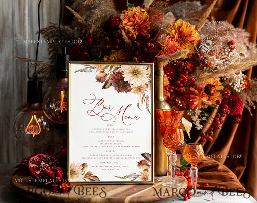 TEMPLETT wedding stationery Fall Dhalias drink bar menu template, Drinks Signs editable, Instant download Modern Table Signs Garden Wedding Menu Sign Printable, Fal1