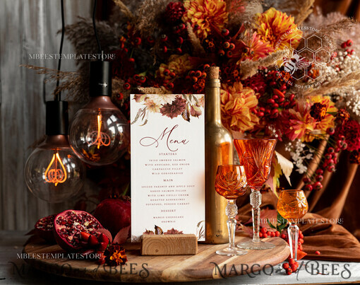 TEMPLETT wedding stationery Fall Terracotta wedding menu template, dinner menus editable, Instant download Modern wedding menus, Garden wedding menu Printable, Fal1