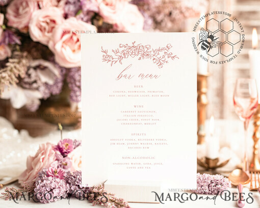 TEMPLETT wedding stationery Elegant drink bar menu template, Drinks Signs editable, Instant download Modern Table Signs Garden Wedding Menu Sign  Printable, WRoses8