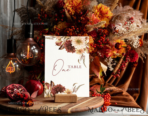TEMPLETT wedding stationery Fall Maroon table number template Dhalias table numbers editable, Instant download Modern table numbers Garden table number Printable, Fal1